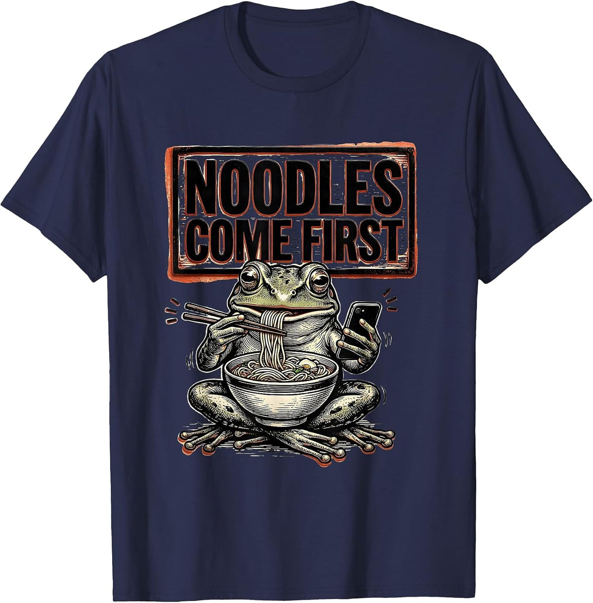Men's Noodles Come First Funny Grumpy Frog Japanese Art Ramen T-Shirt - Navy Blue