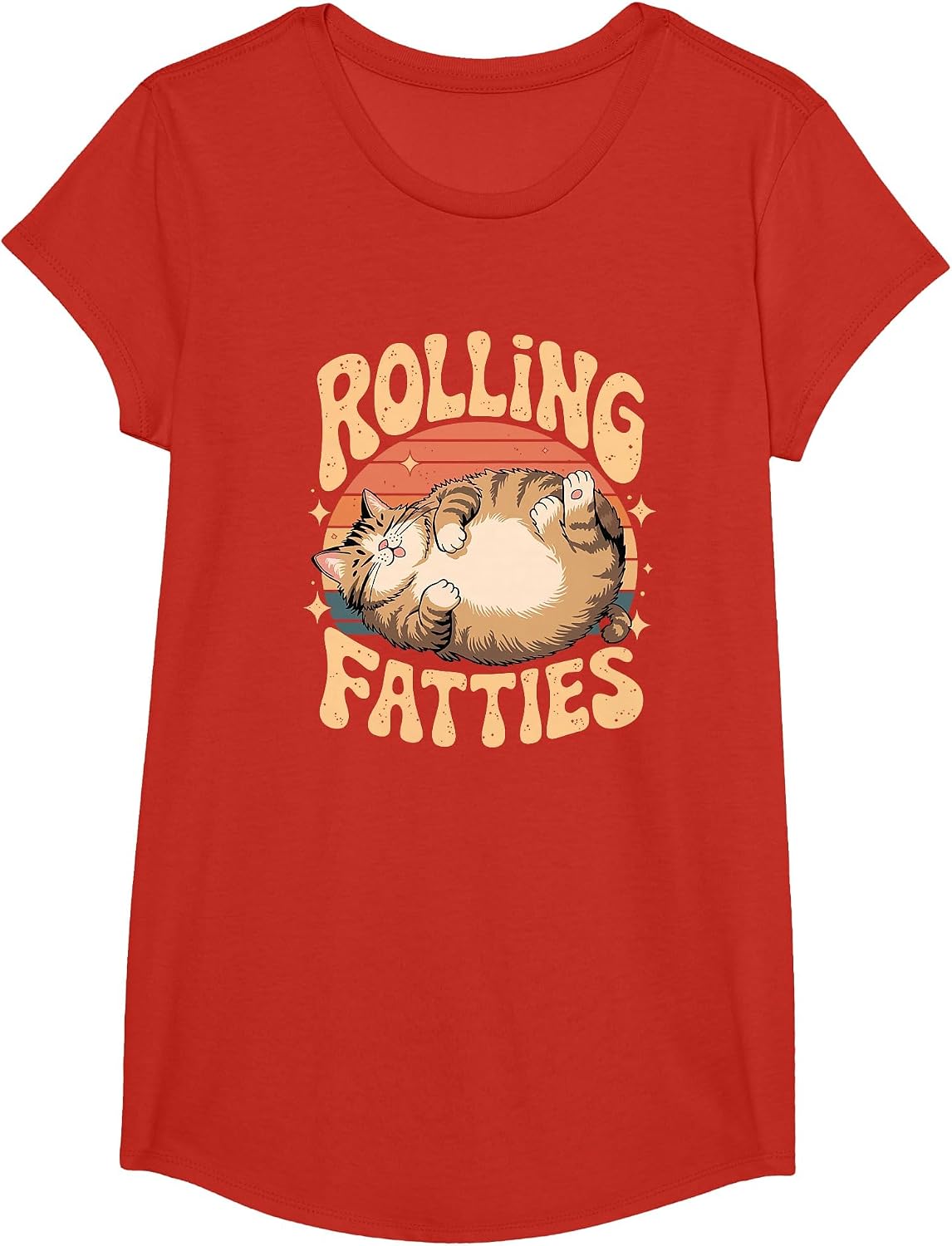 Rolling Fatties Retro Cat Humor Design T-Shirt - Girls Red