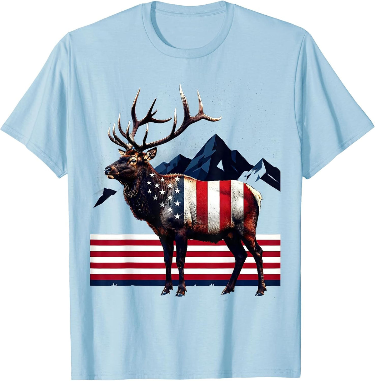 Men's Elk in Misty Mountain Meadow Wildlife Design T-Shirt - Baby Blue