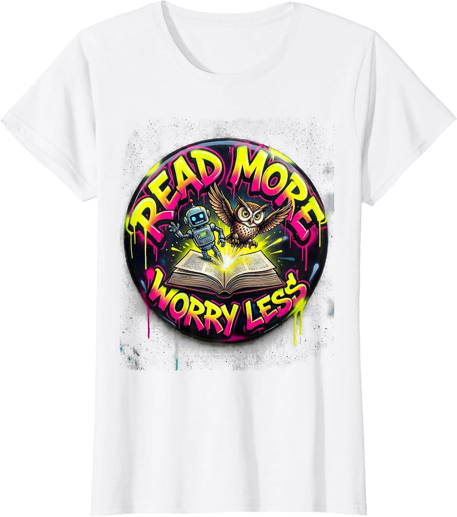 Women's Read More Worry Less Book Characters Literacy T-Shirt - White