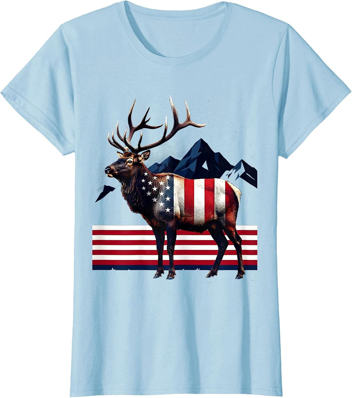 Women's Elk in Misty Mountain Meadow Wildlife Design T-Shirt - Baby Blue