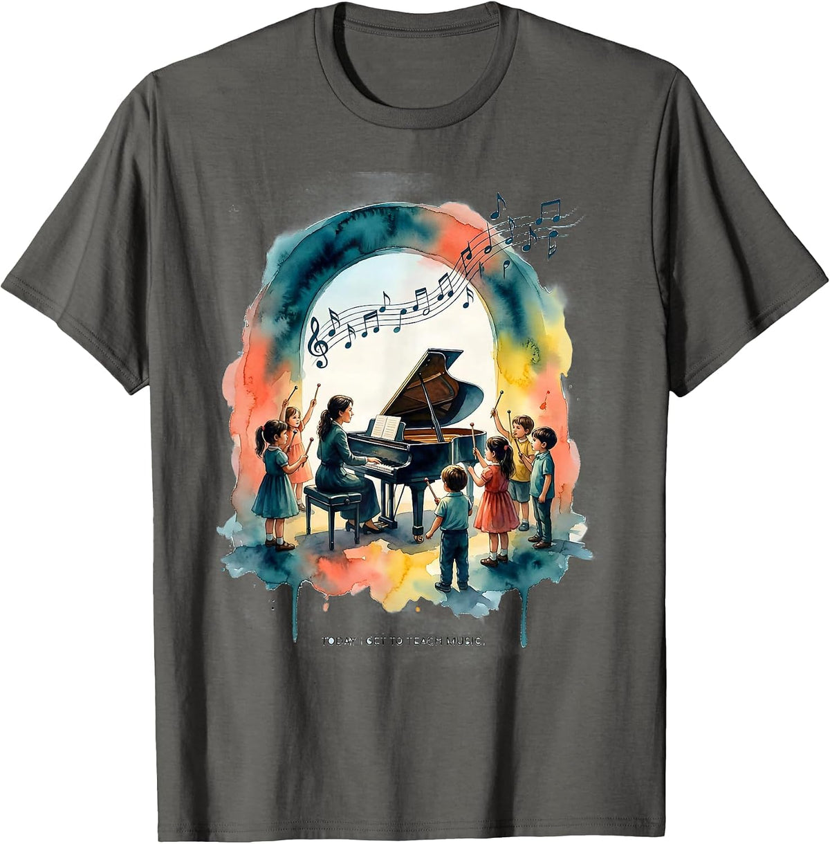Men's Today I Get To Teach Music Watercolor Music Teacher Back T-Shirt - Asphalt Grey