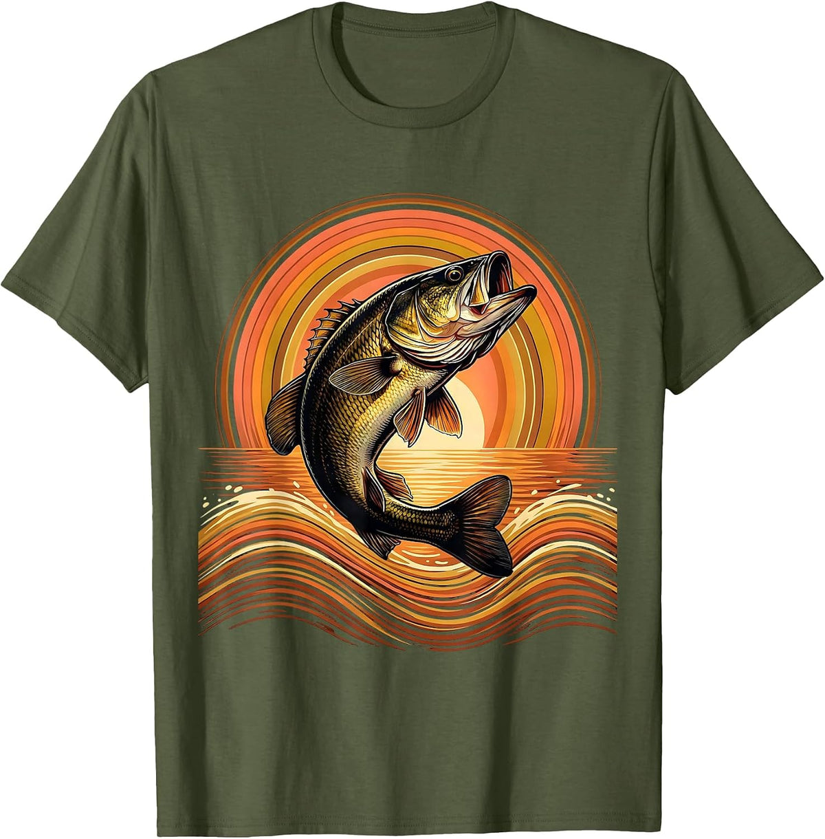 Largemouth Bass Leaping Water Splash Fishing T-Shirt - Olive Green