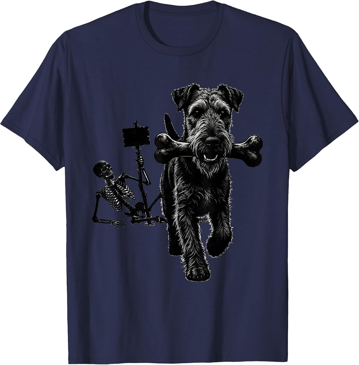 Men's Airedale Terrier Skeleton Chasing Funny Dog Mom Halloween T-Shirt - Navy Blue