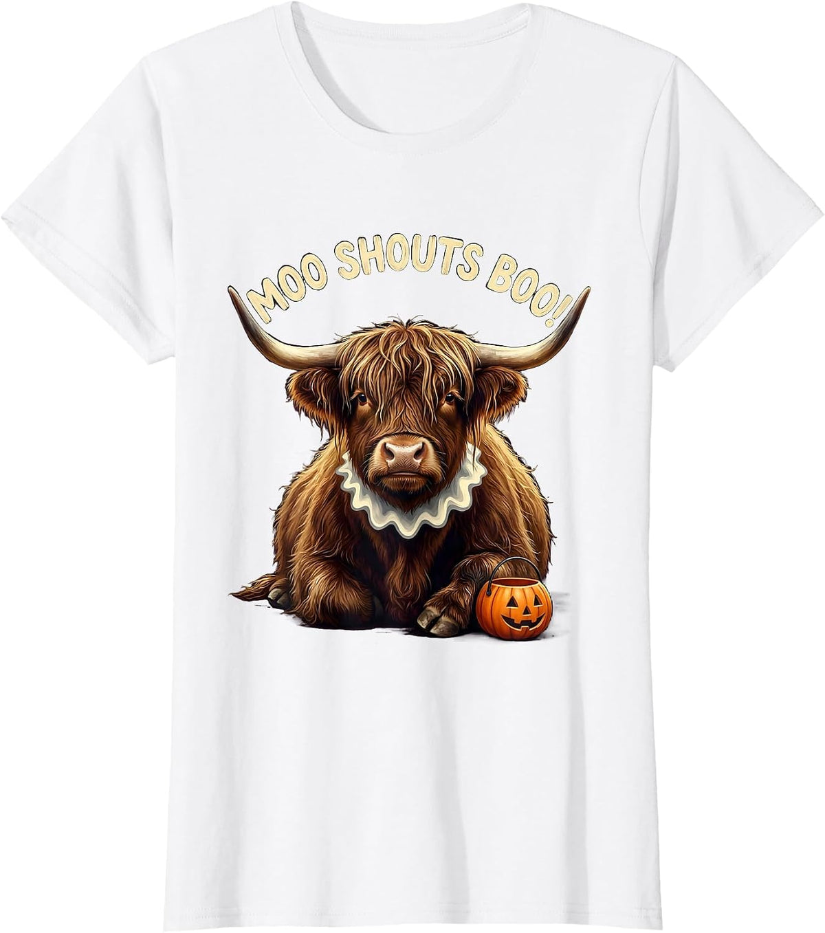 Women's Moo Shouts Boo! Funny Highland Cow Fall Halloween Pun T-Shirt - White