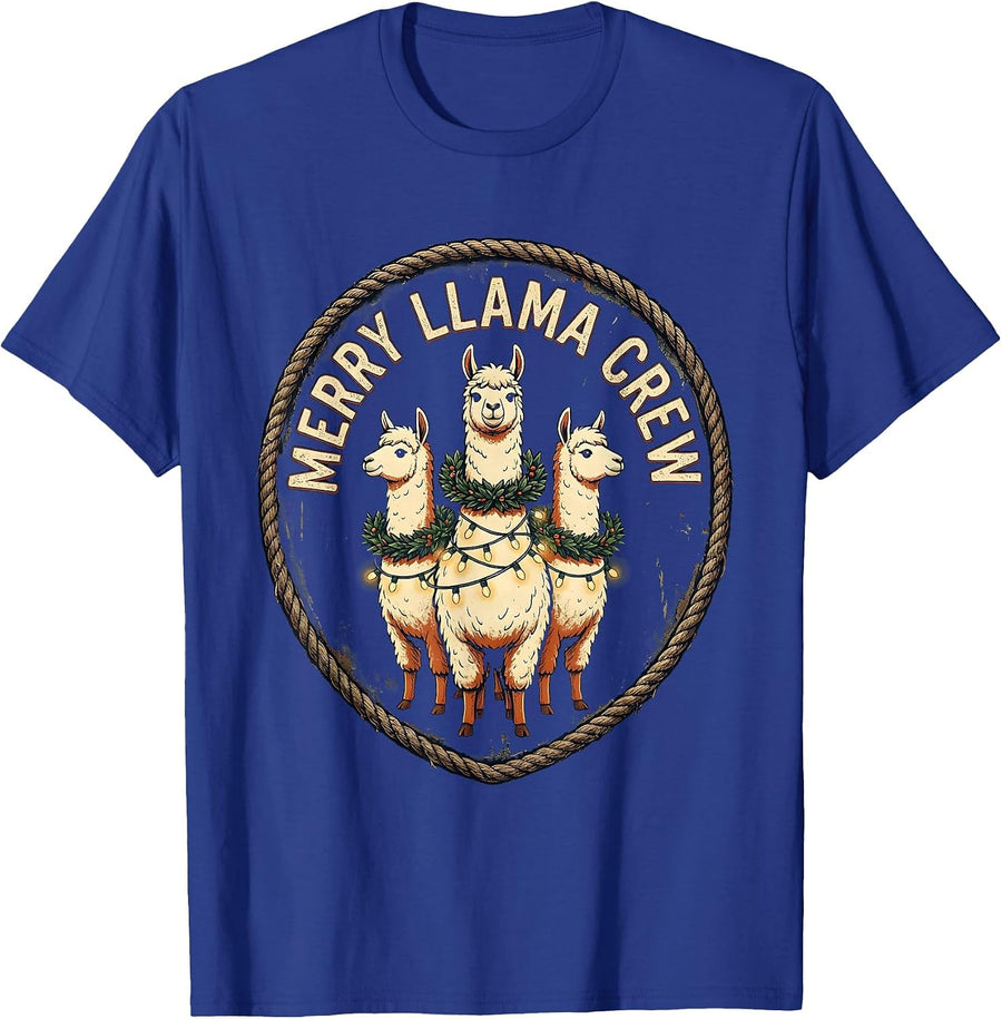 Merry Llama Crew Vintage Funny Llama Lover Christmas T-Shirt - Royal Blue