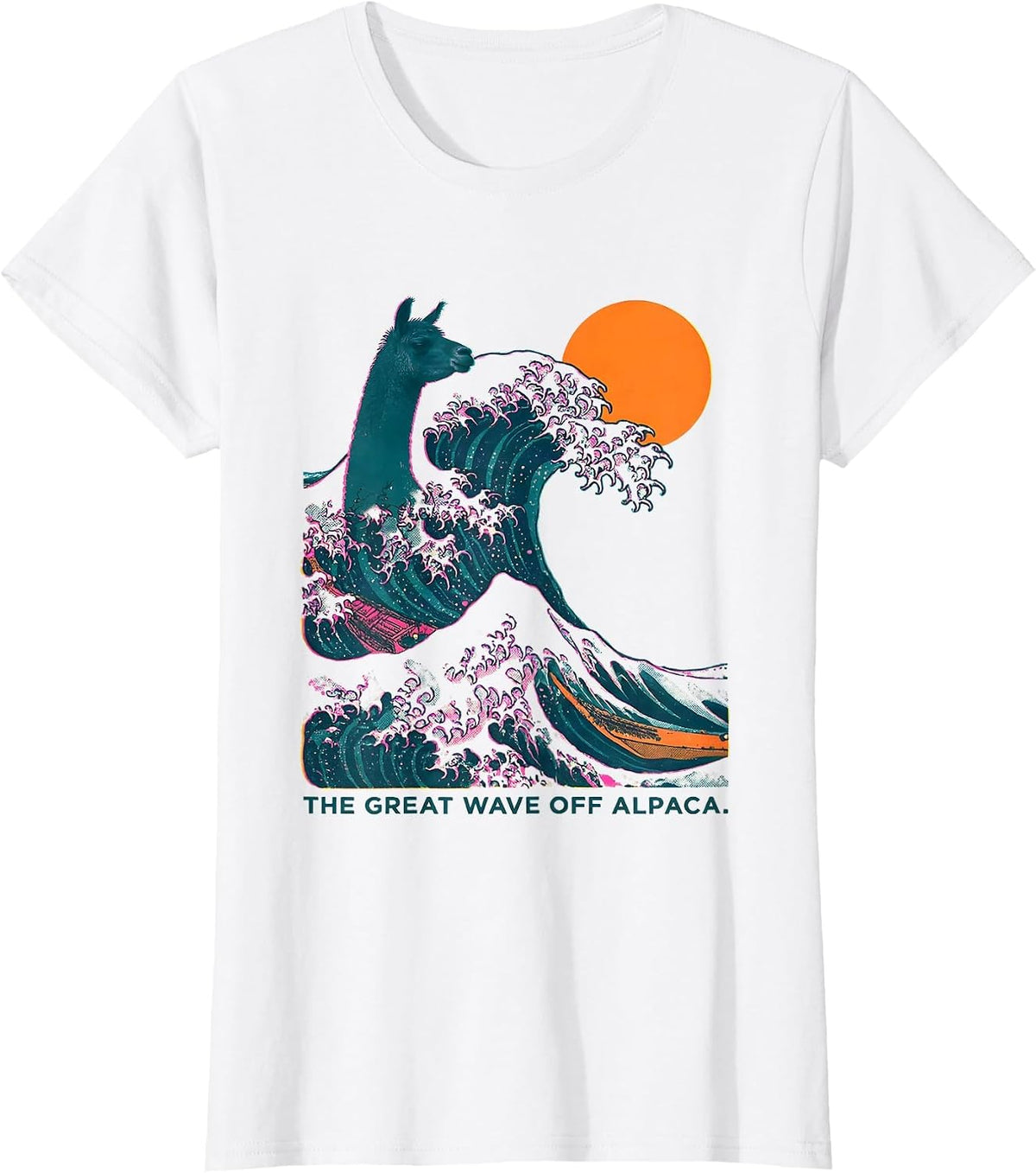 The Great Wave off Alpaca Risograph Funny Animal Lover T-Shirt - White