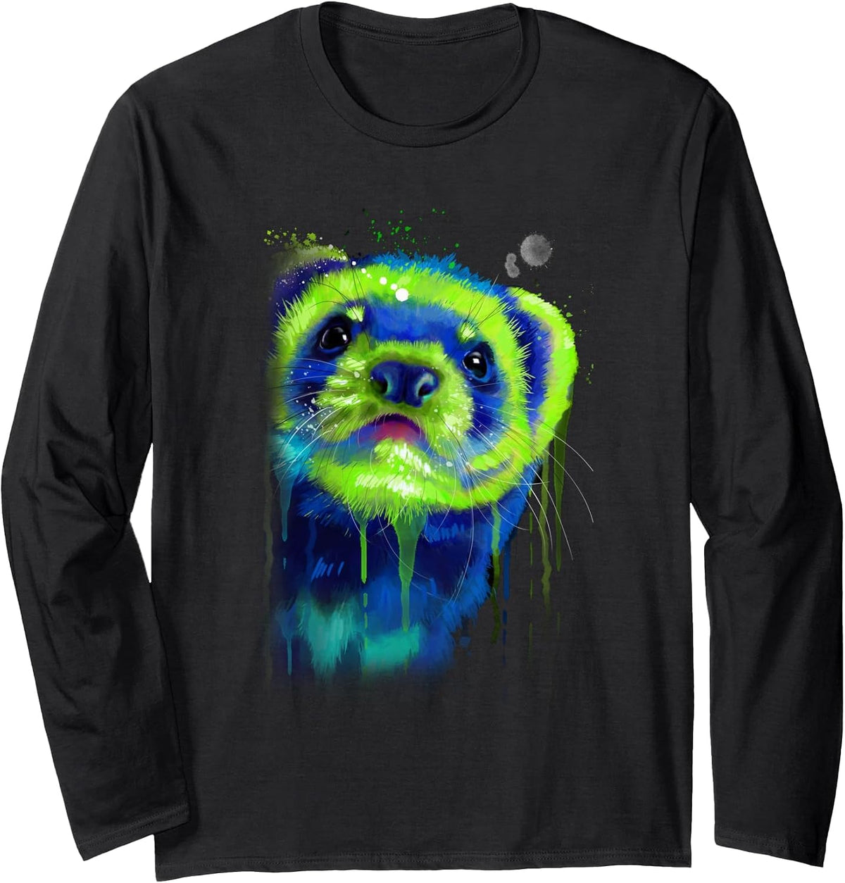 Ferret Face Graphics Hand Drawn Splash Art Ferret Pet Lover Long Sleeve T-Shirt - Adult Unisex Black
