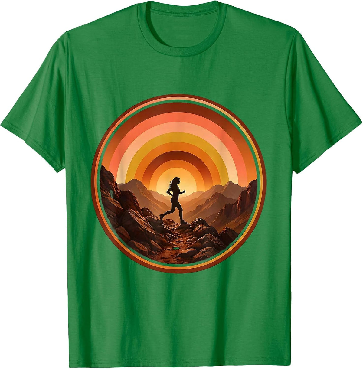 Men's Hiker Rocky Mountain Trail Sunset Illustration T-Shirt - Kelly Green