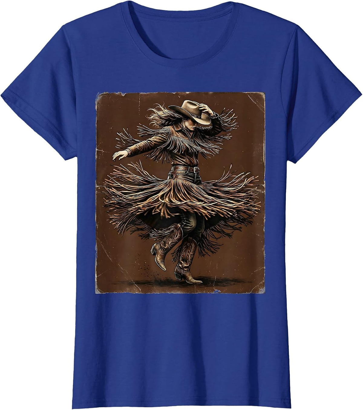 Women's Cowgirl Rodeo Spin Flying Fringe Graphic Tee T-Shirt - Royal Blue