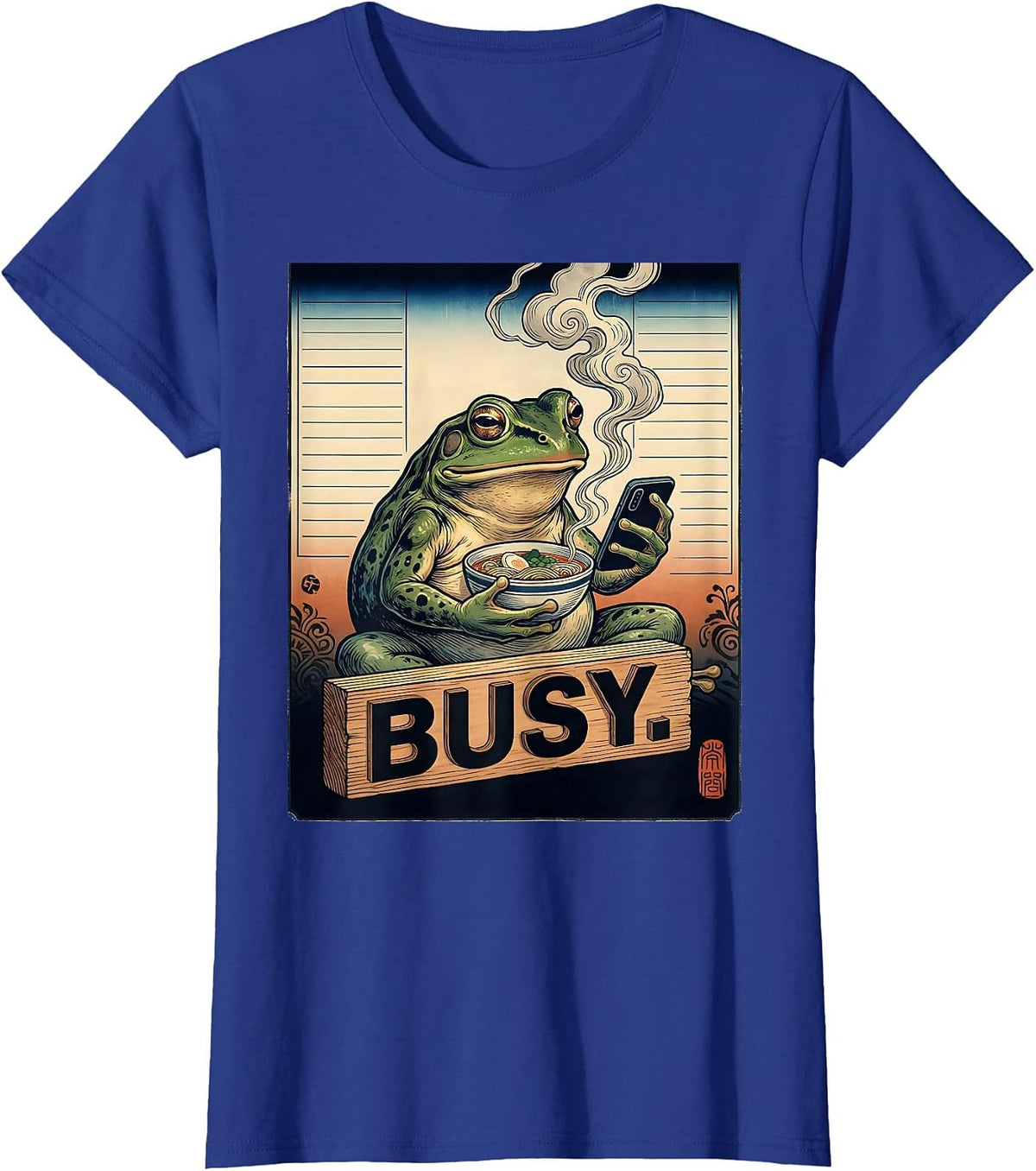 Women's Busy Grumpy Frog Ukiyo-e Ramen Humor Japanese Art T-Shirt - Royal Blue
