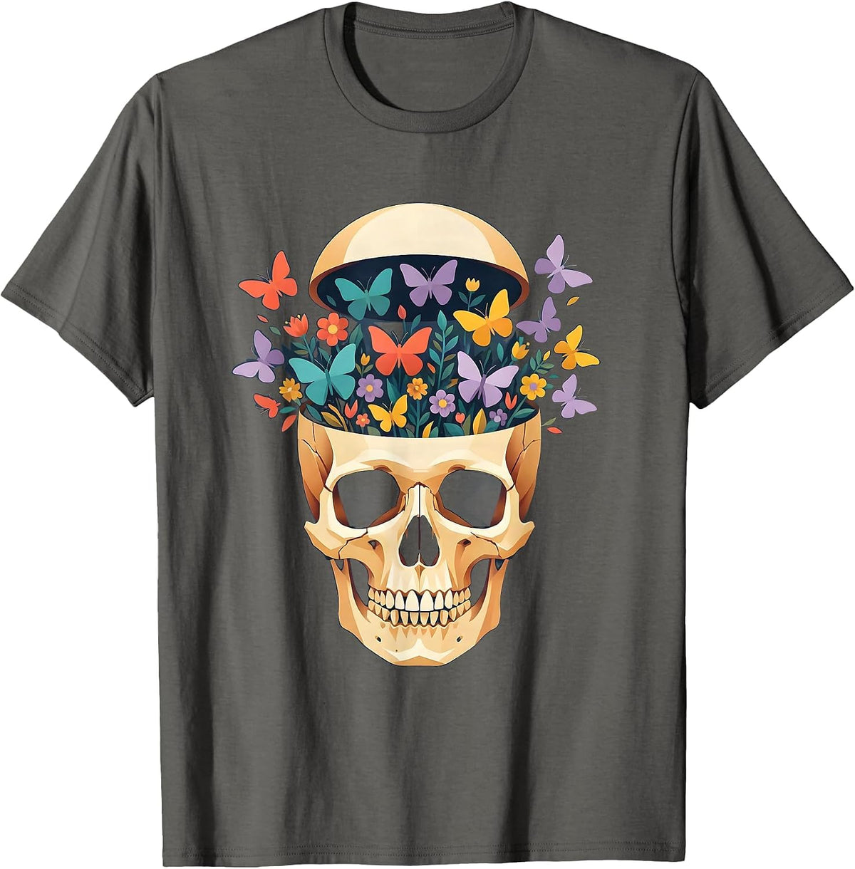 Colorful Butterfly Mind Open Skull Garden Art T-Shirt - Asphalt Grey