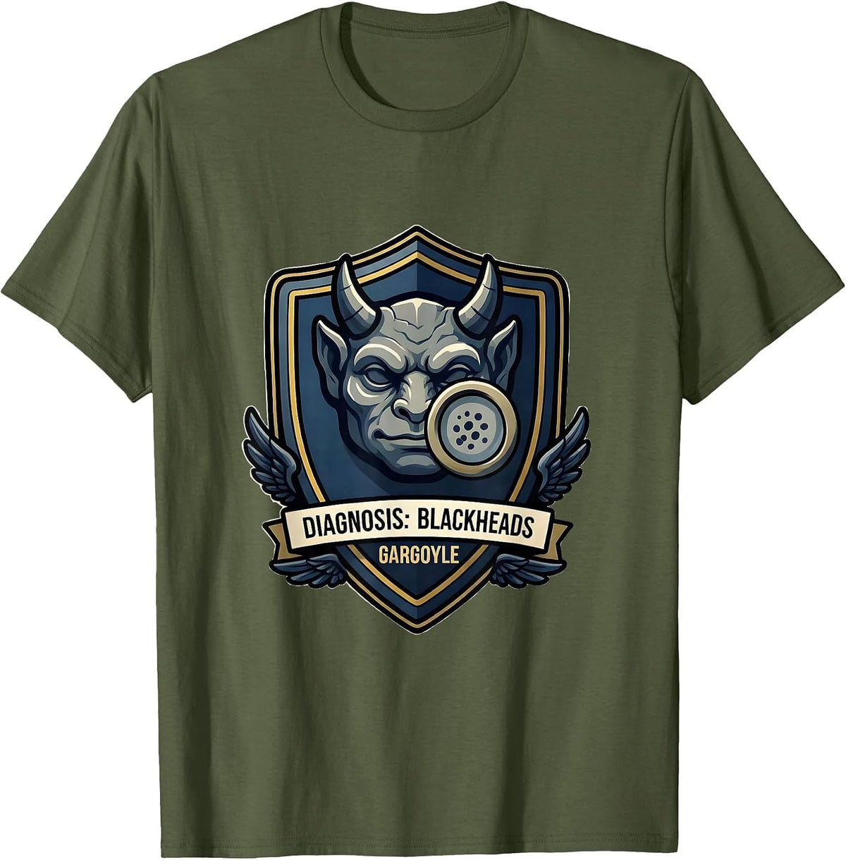 Diagnosis: Blackheads, Gargoyle Funny Dermatology Halloween T-Shirt - Olive Green