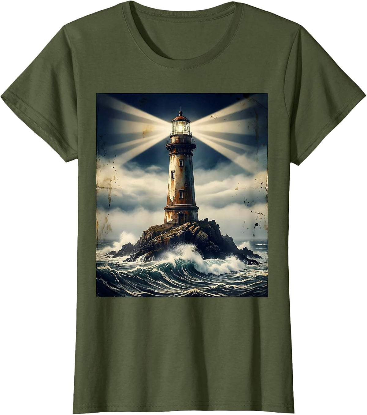 Women's Lighthouse Beam Through Night Fog Sailor Design T-Shirt - Olive Green