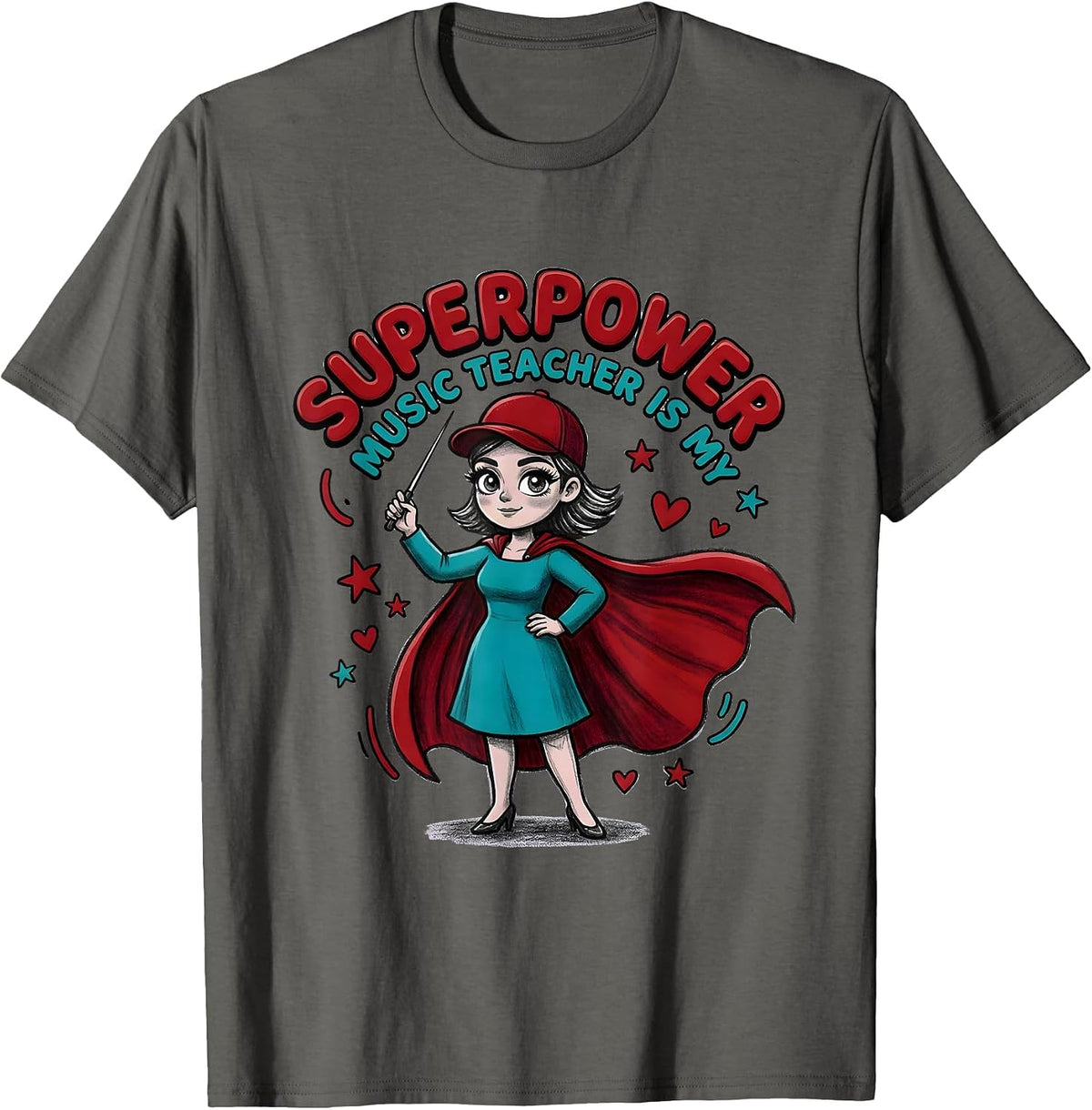 Men's MUSIC TEACHER IS MY SUPERPOWER Cartoon Music Teacher Gift T-Shirt - Asphalt Grey