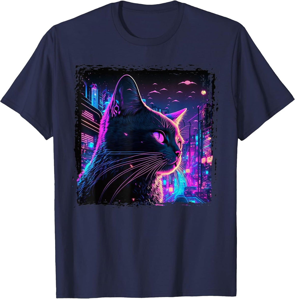 Japanese Aesthetic Synthwave Cat Vaporwave Anime Funny T-Shirt - Navy Blue