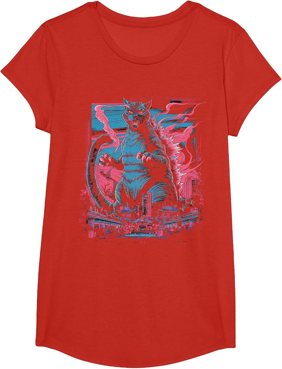 Catzilla Cat Japanese Art Funny Cat for Men Women Kid T-Shirt - Girls Red