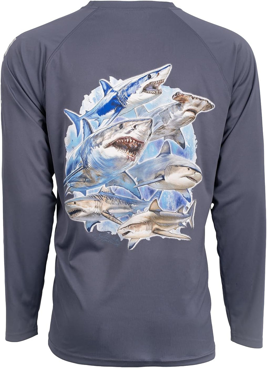 Bimini Bay Outfitters Hook M’ Performance Long Sleeve Fishing Shirt with with UPF Protection, Shark Slam - As Pictured