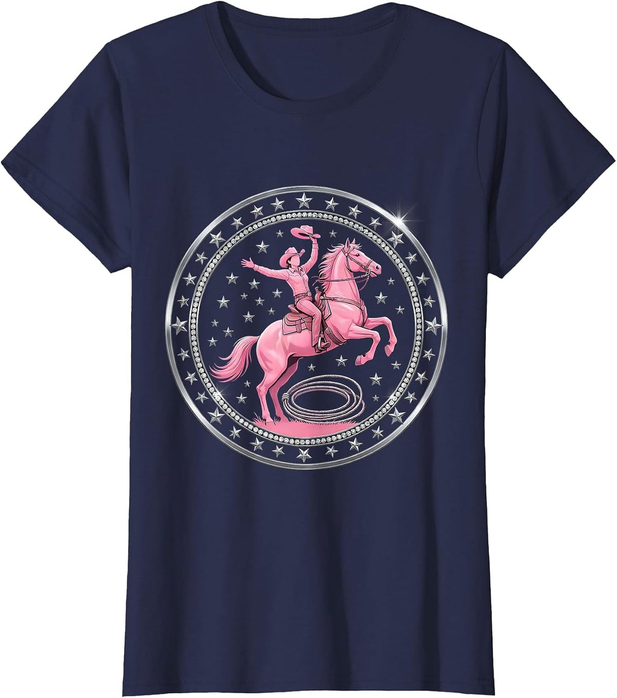 Women's Cowgirl Bareback Jump Western Rodeo Graphic T-Shirt - Navy Blue
