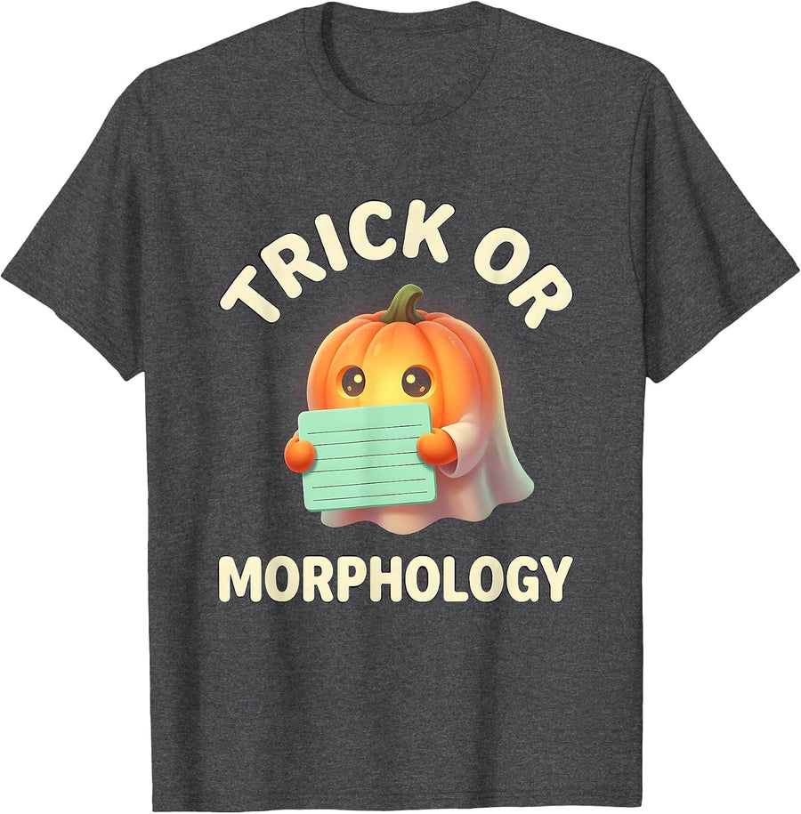 Men's Trick Or Morphology Cute Kawaii Halloween SLP Teacher Ghost T-Shirt - Dark Heather Grey