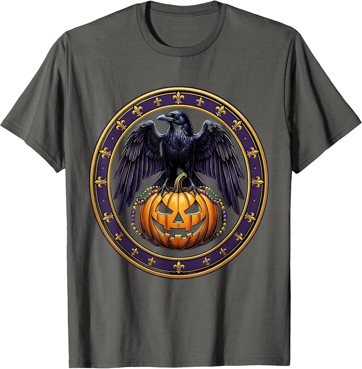 Men's Mardi Gras Crow on Glowing Jack-O-Lantern T-Shirt - Asphalt Grey