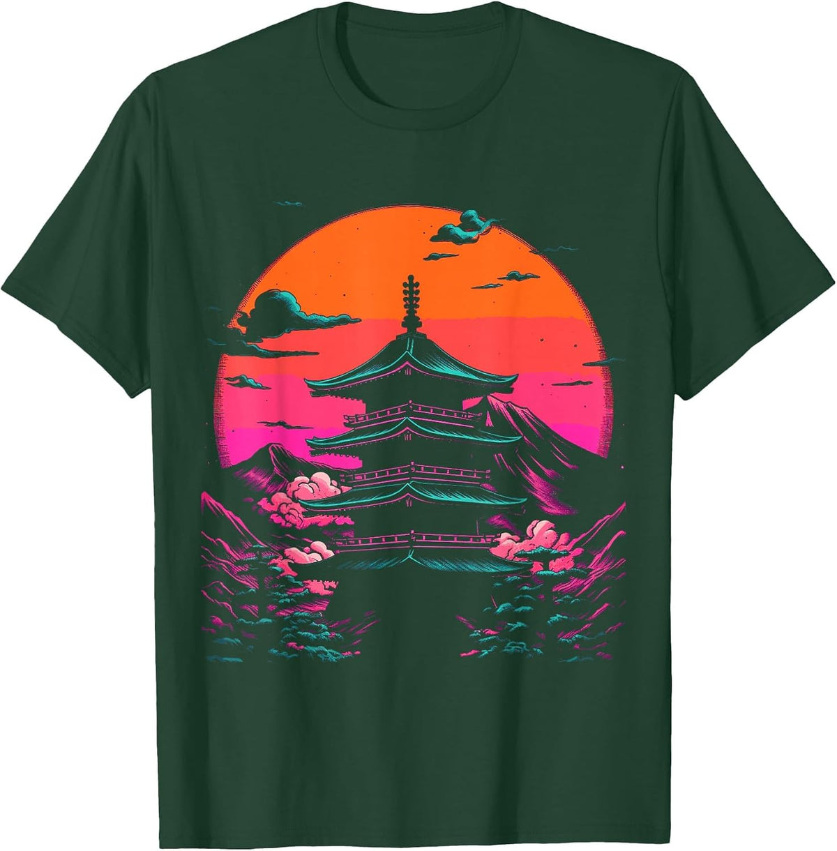Japanese Pagoda Temple Synthwave Retro T-Shirt - Dark Green