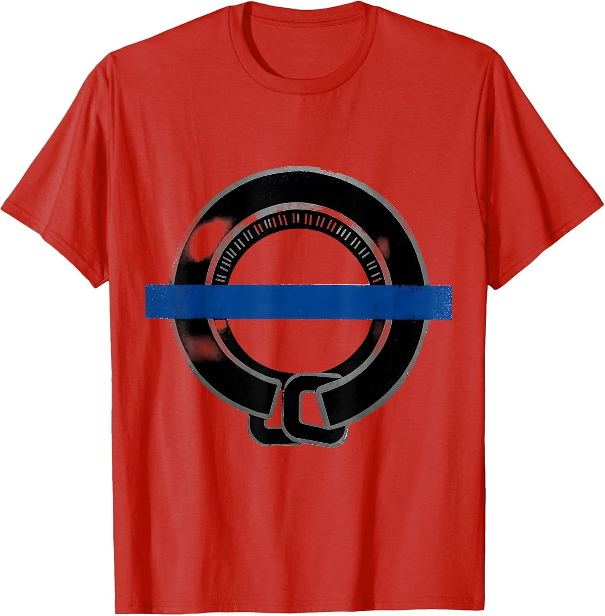Men's Thin Blue Line Badge Ring Police Support Screenprint T-Shirt - Red