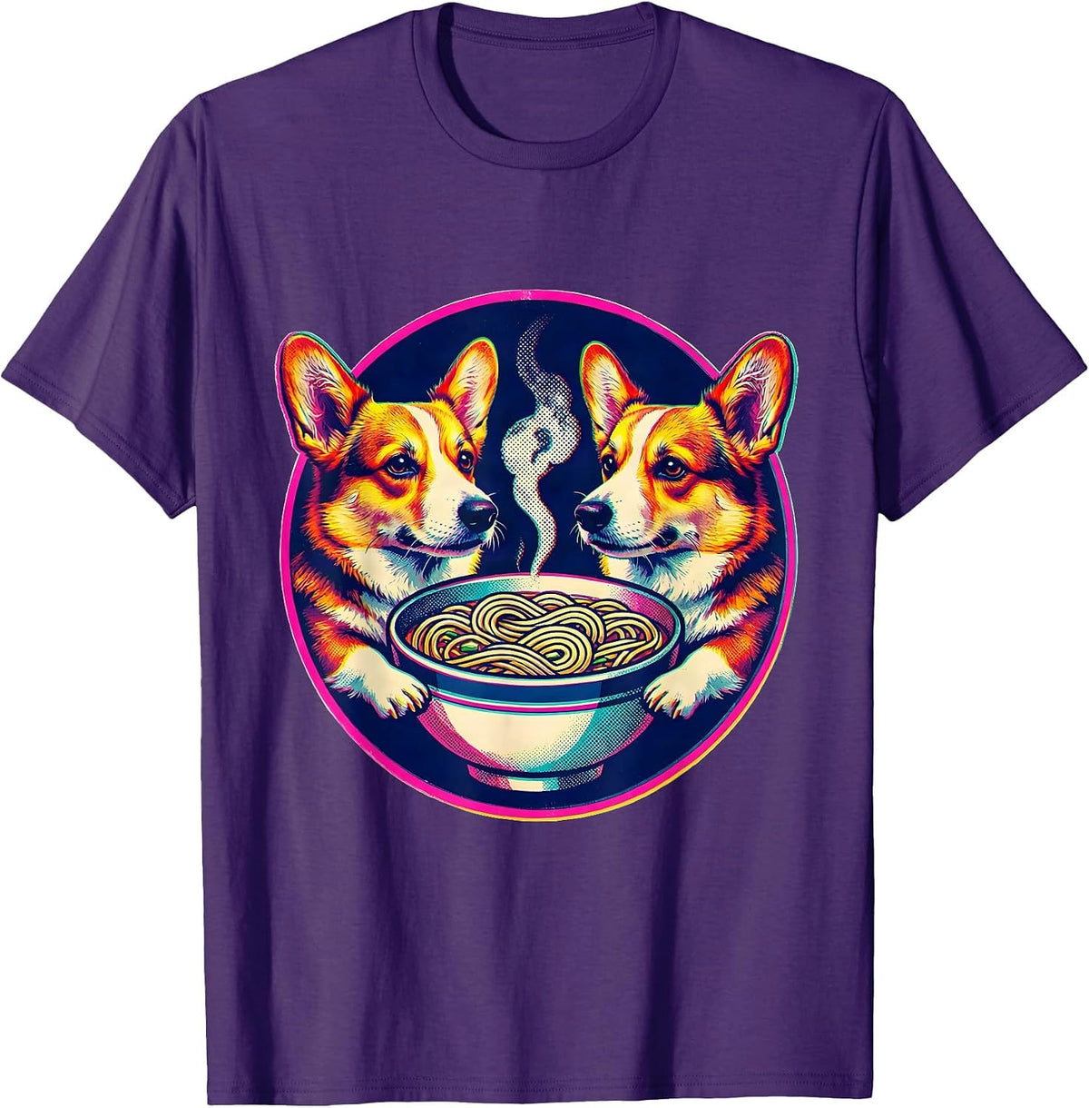 Corgi Ramen Buddies Cute Dog Noodle Bowl Art T-Shirt - Purple