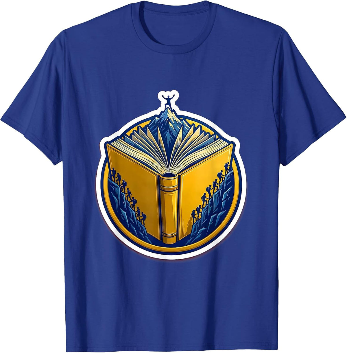 Men's Open Book Tiny People Climbing Pages Teacher Tee T-Shirt - Royal Blue