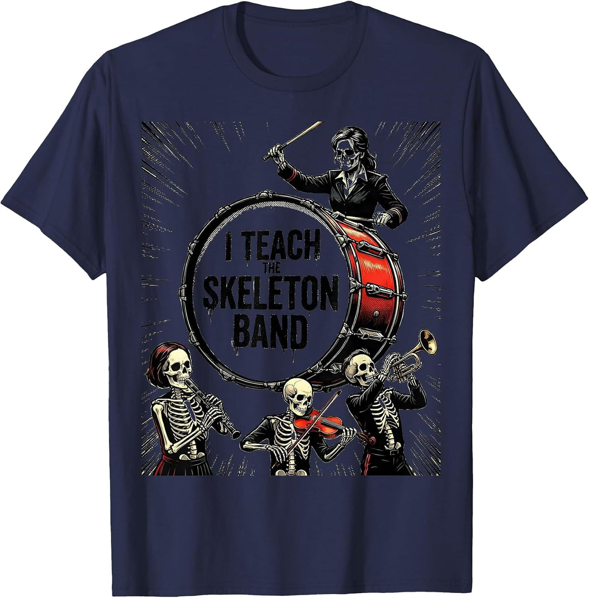 I Teach The Skeleton Band Comic Book Ghost Music Teacher T-Shirt - Navy Blue