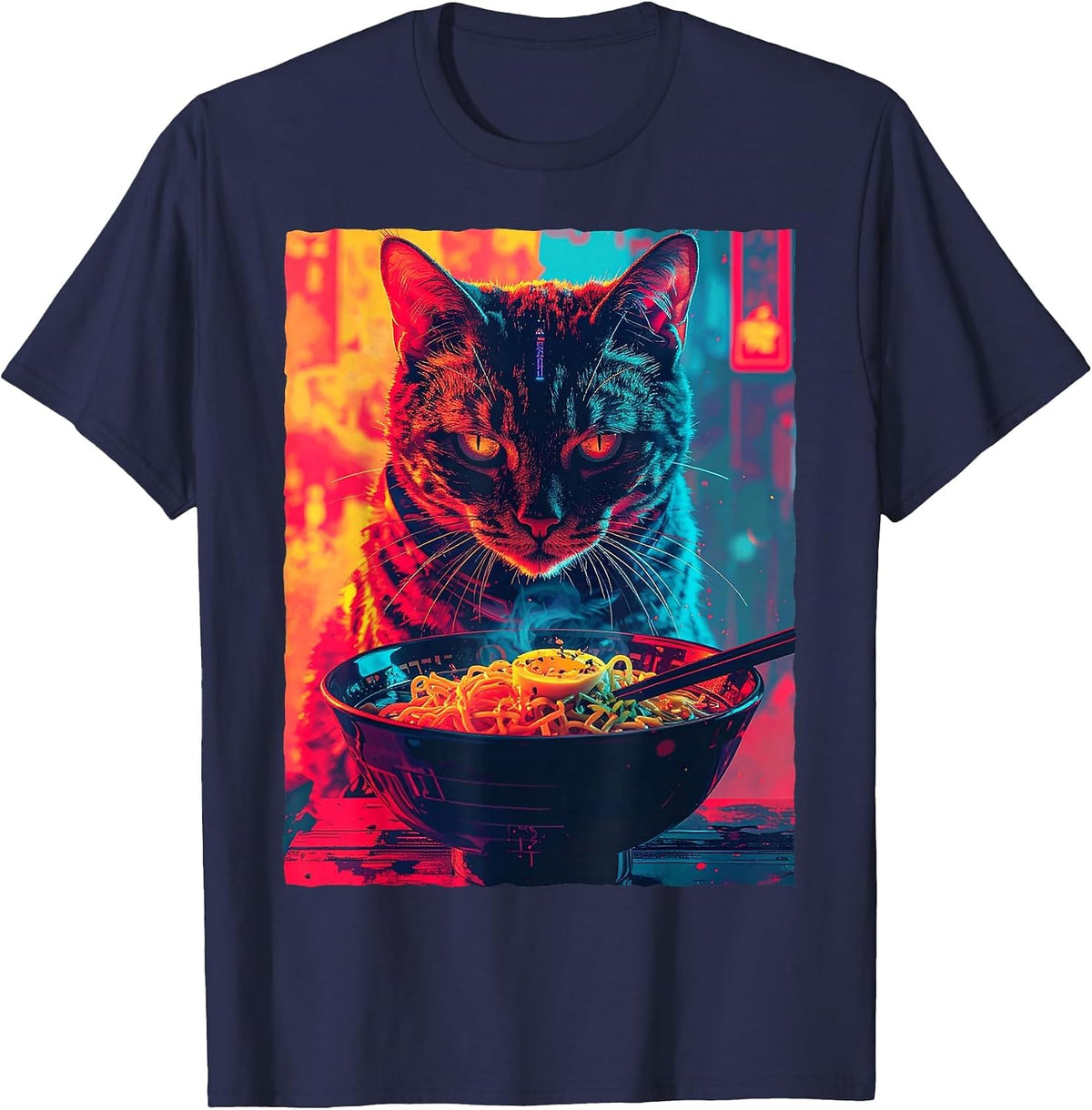 Synthwave Otaku Anime Cat Eating Japanese Ramen Noodles T-Shirt - Navy Blue