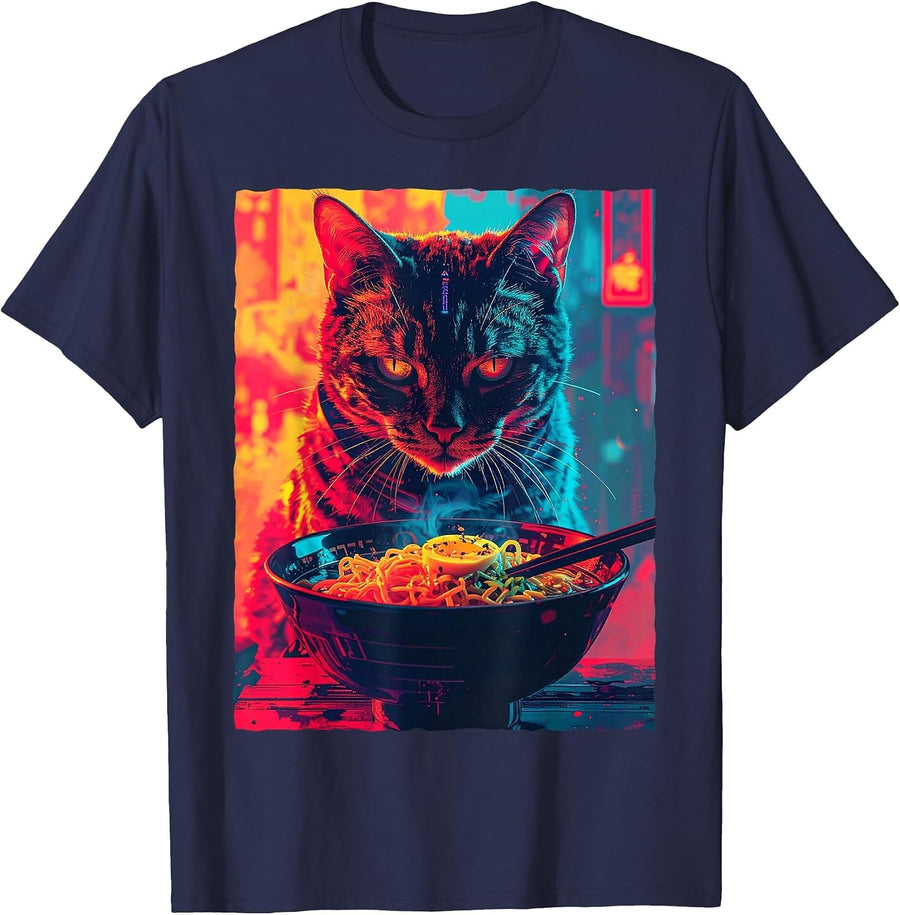 Synthwave Otaku Anime Cat Eating Japanese Ramen Noodles T-Shirt - Navy Blue