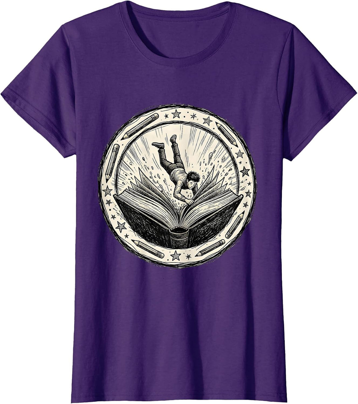 Women's Diving Into Reading Bookworm Graphic Tee T-Shirt - Purple