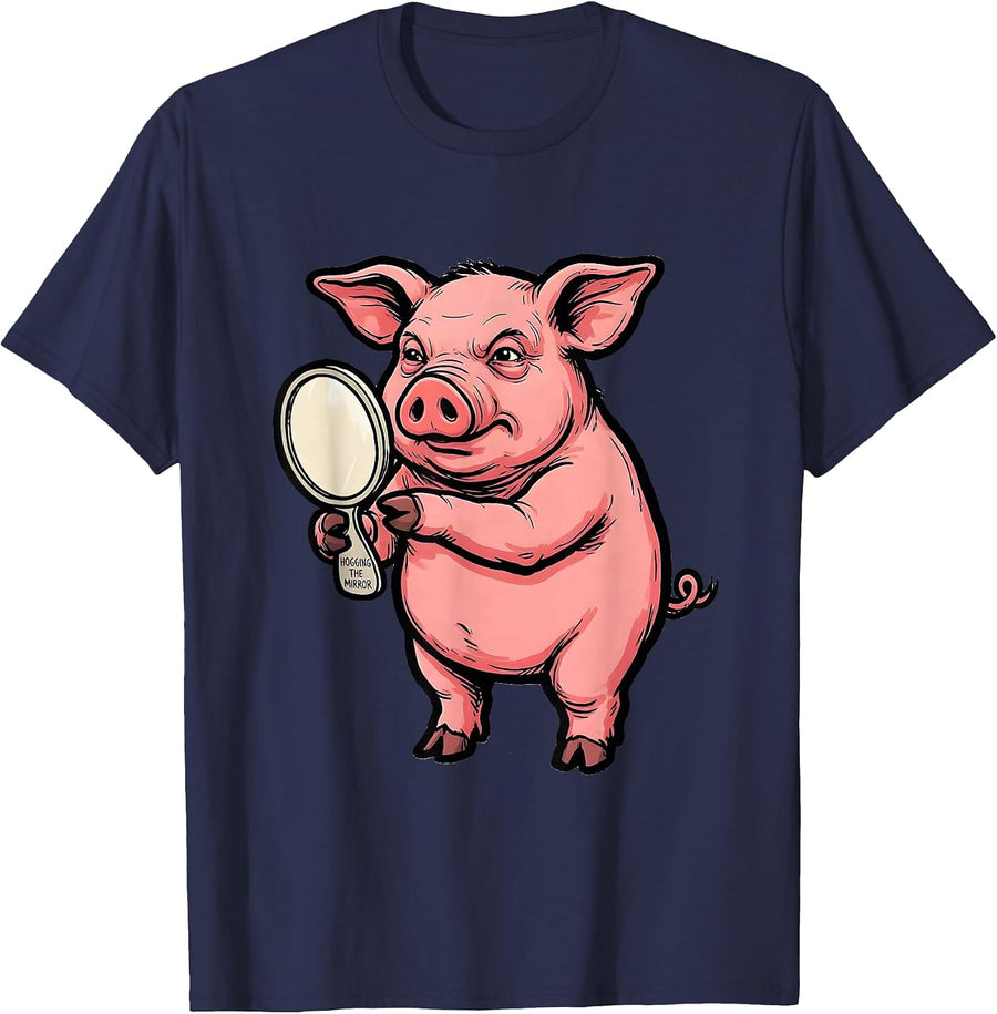 Hogging The Mirror Funny Pig Lover Farm Animal Humor T-Shirt - Navy Blue