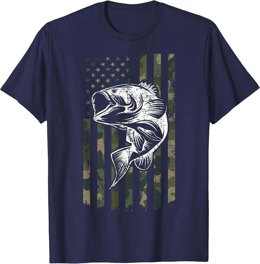 Large Mouth Bass Fishing Camo American Flag USA Fisherman T-Shirt - Navy Blue
