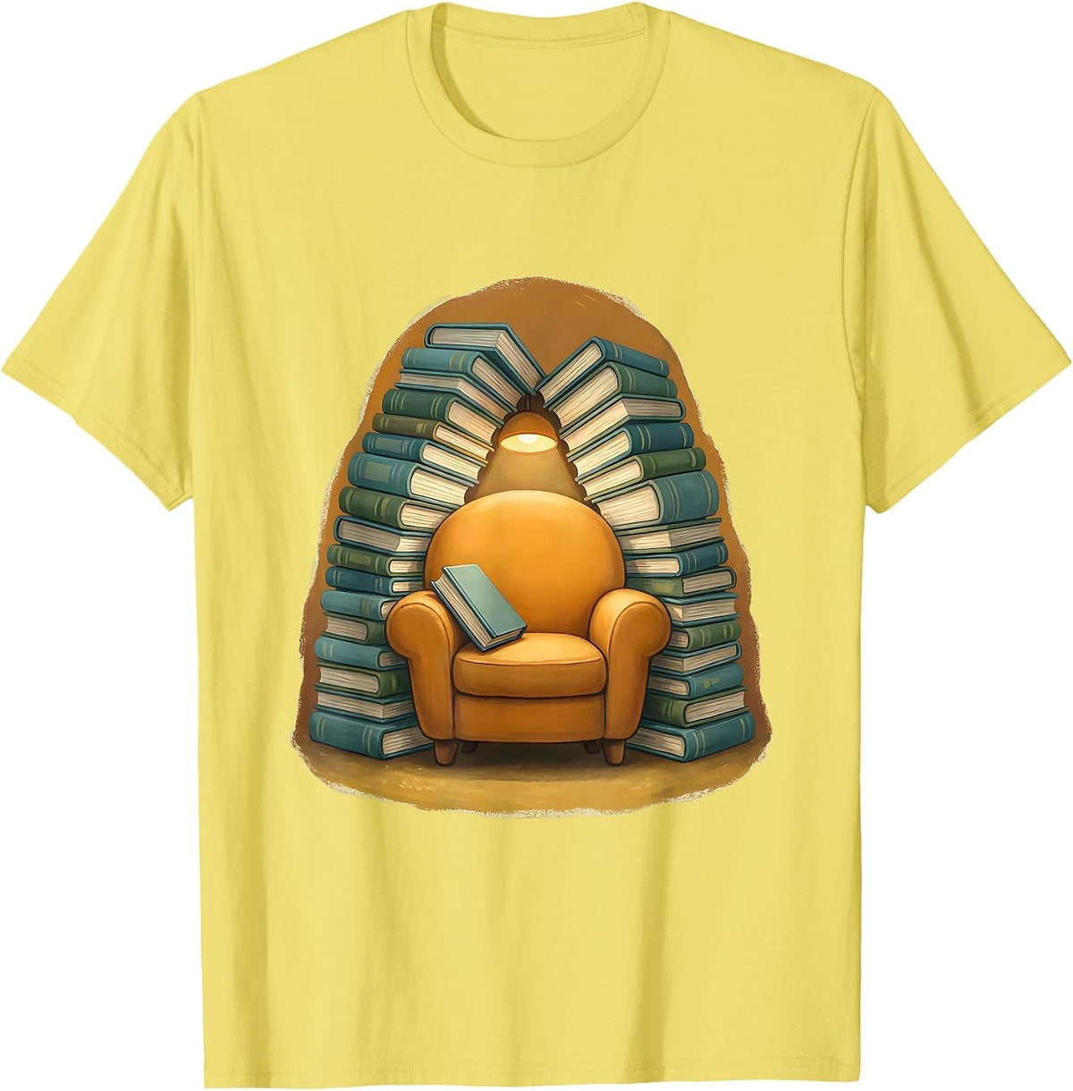 Men's Cozy Armchair Towering Book Piles Reading Art T-Shirt - Lemon Yellow