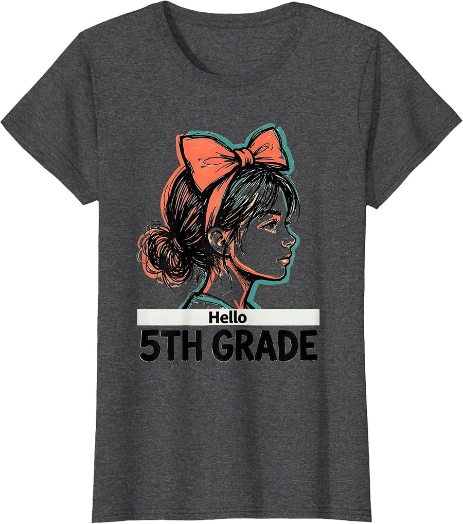 Women's Hello 5th Grade Messy Bun Back To School Grade Level T-Shirt - Dark Heather Grey