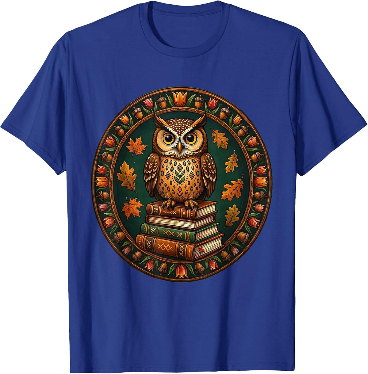 Fall Teacher Owl on Books Illustration T-Shirt - Royal Blue