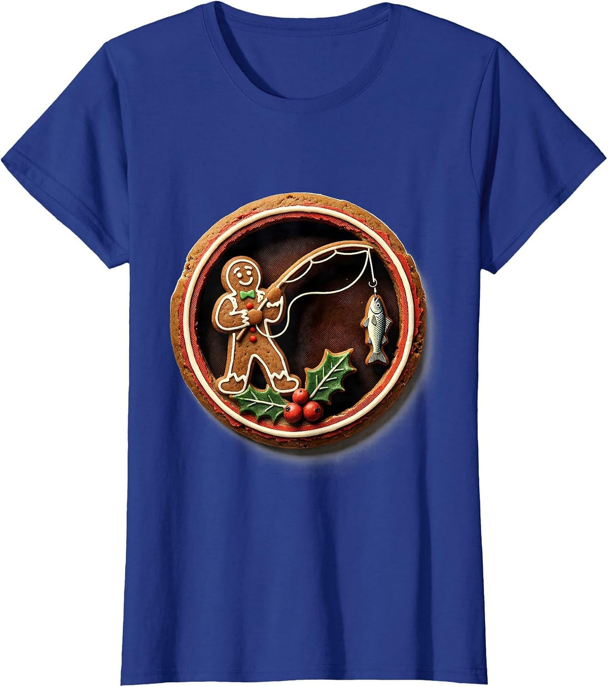Women's Gingerbread Fly-Fisher Christmas Fishing Humor T-Shirt - Royal Blue