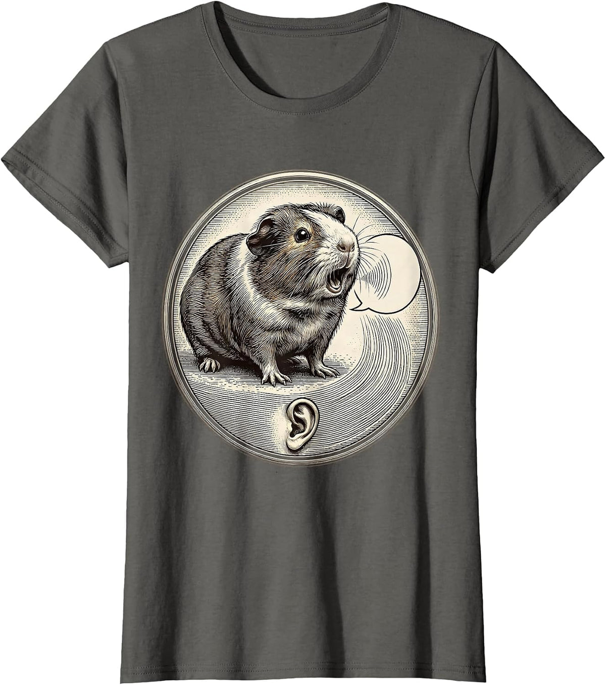 Women's Sealed Guinea Pig Badge Crosshatch Etching Pet Lover Humor T-Shirt - Asphalt Grey