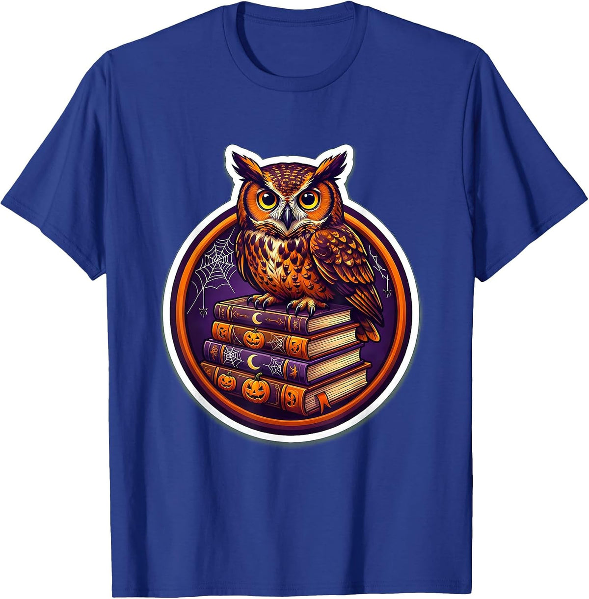 Halloween Teacher Owl on Spooky Stacked Books T-Shirt - Royal Blue