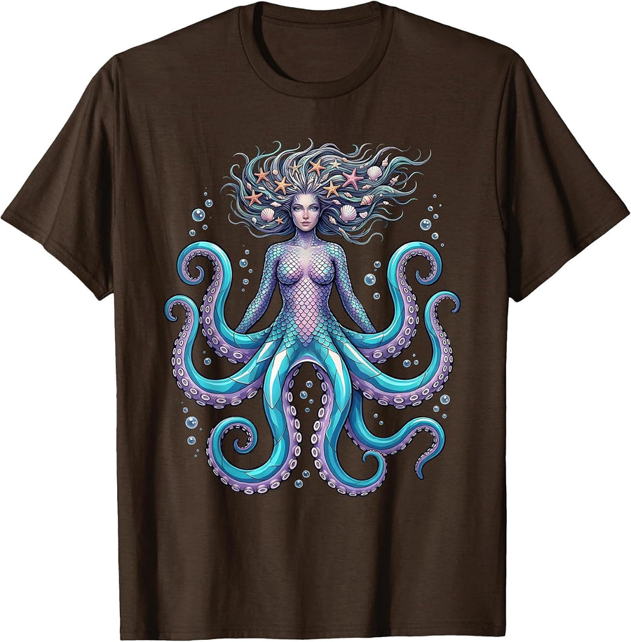 Men's Mermaid Octopus Tentacles Dark Ocean Fantasy Art T-Shirt - Brown