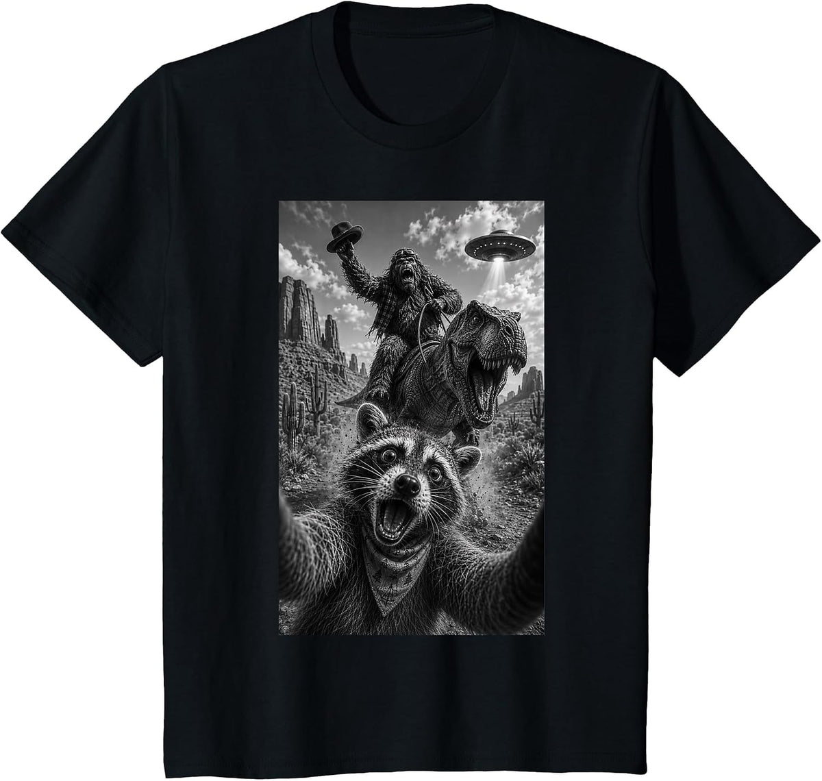 Raccoon Bigfoot T-Rex UFO Selfie T-Shirt - Black