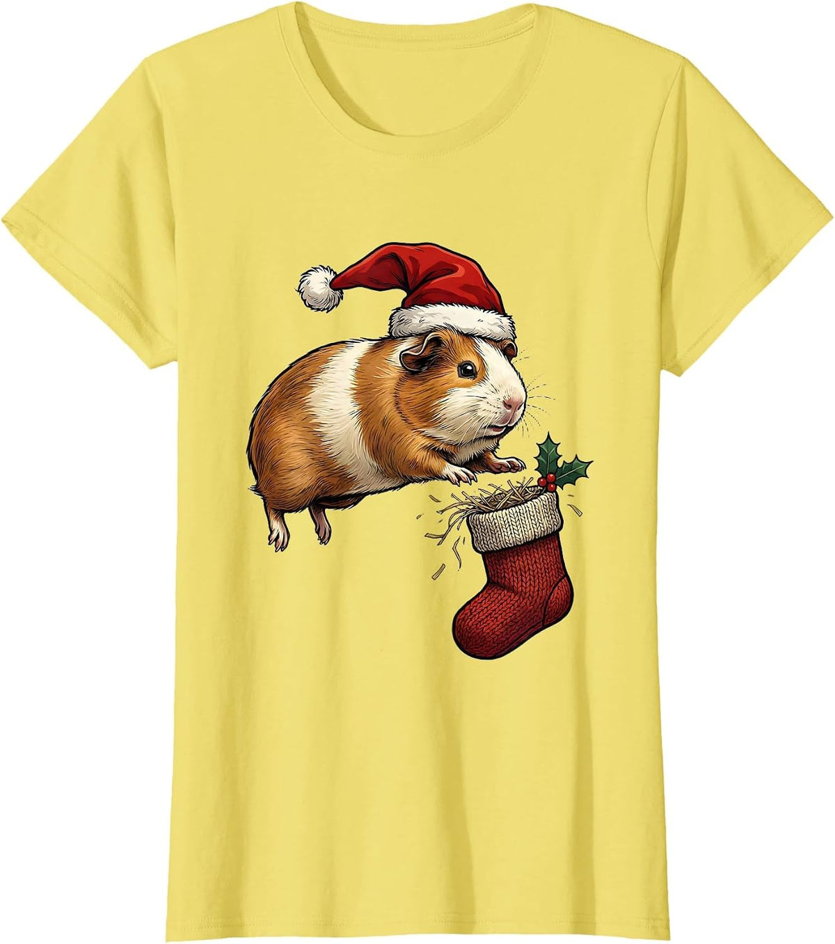 Guinea Pig Santa Hat Funny Christmas Pet Lover T-Shirt - Lemon Yellow