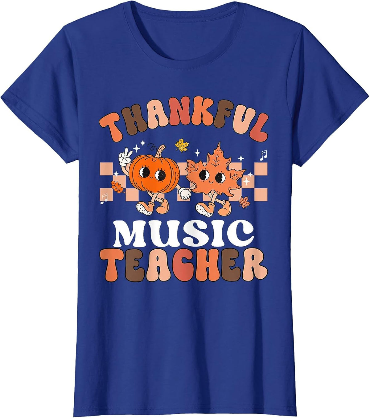 Retro Thankful Music Teacher Pumpkin Fall Thanksgiving T-Shirt - Royal Blue