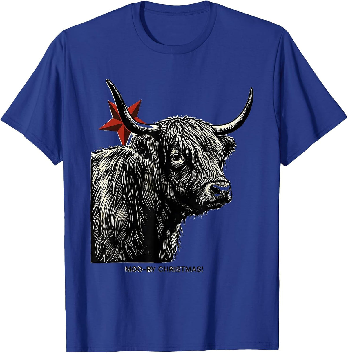 Men's Moo-ry Christmas! Linocut Highland Cow Seasonal Holiday T-Shirt - Royal Blue