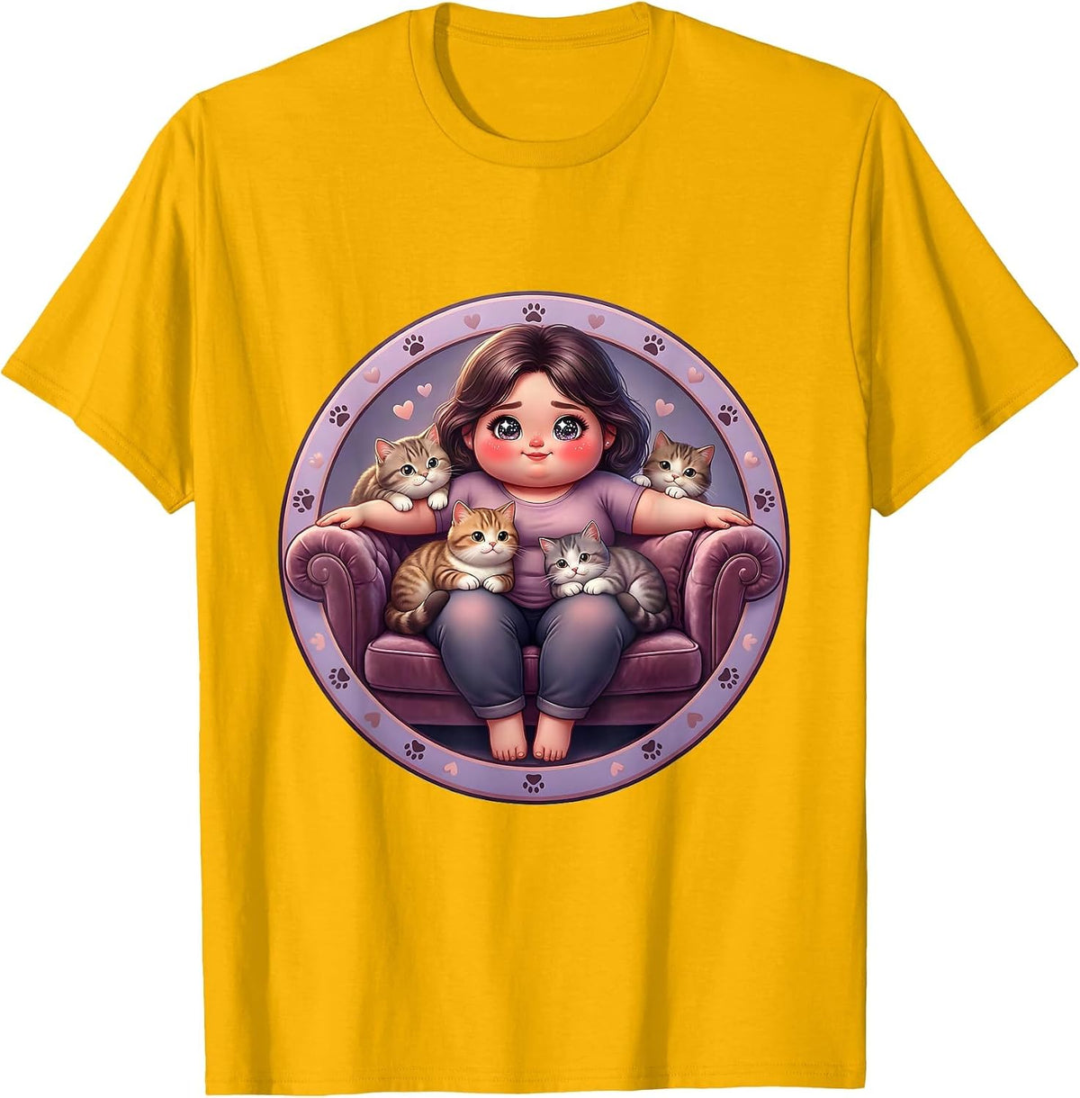 Crazy Cat Auntie Velvet Couch Illustration T-Shirt - Golden Yellow