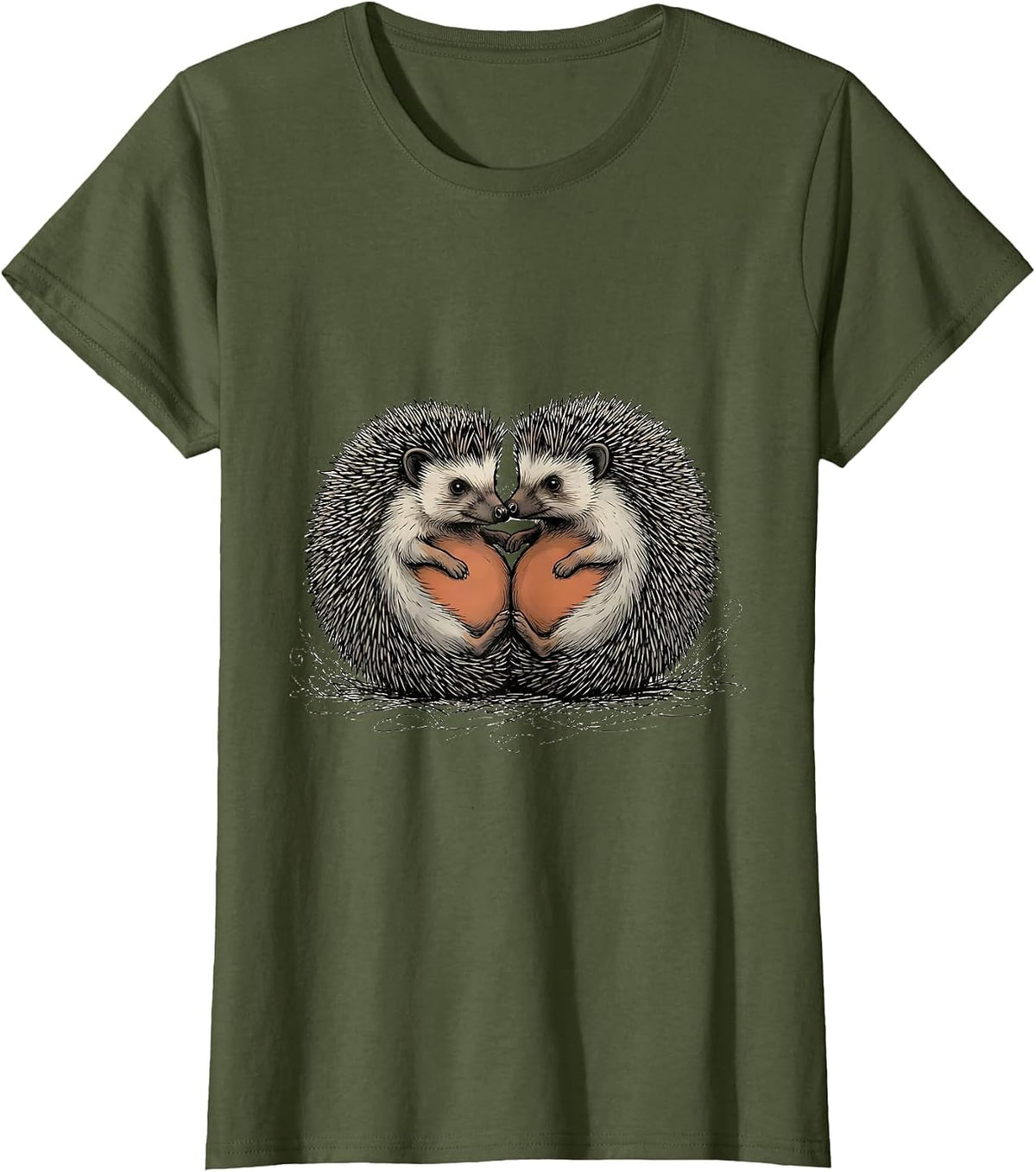 Women's Cute Hedgehogs Hand-Sketched Animal Lover Humor T-Shirt - Olive Green