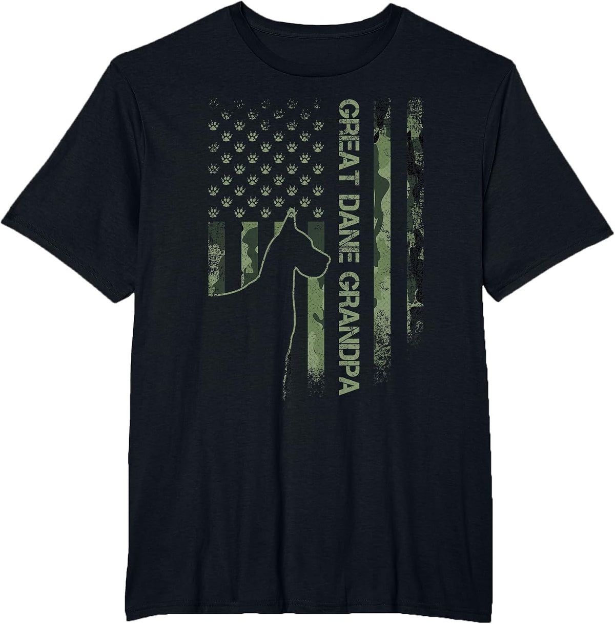 Vintage USA Camo Flag Proud Great Dane Grandpa Silhouette T-Shirt - Black