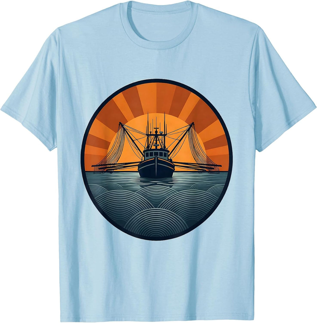 Gulf of America Shrimper Silhouette Sunset T-Shirt - Baby Blue
